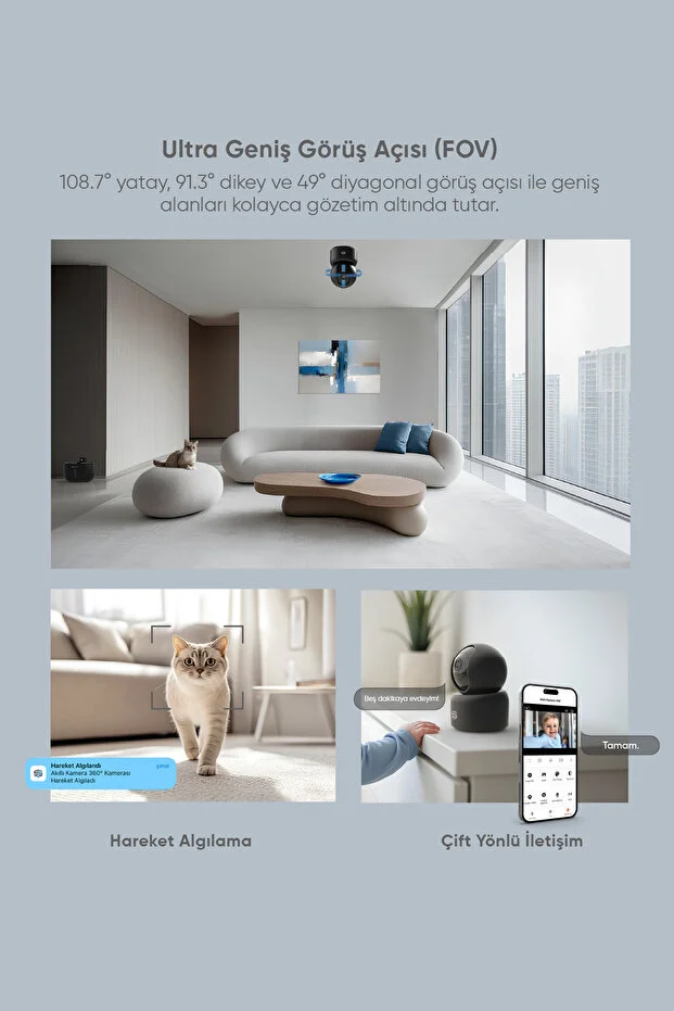 Akıllı 360° Kamera Wi-fi, 1620p 3k Ultra Görüntü Kalitesi, Gece Görüş, Ses Gönderme Ve Alma